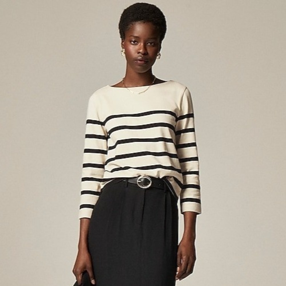 J.Crew Classic Mariner Cloth Boatneck T-shirt Stripe Black/Cream Size XSmall NWT